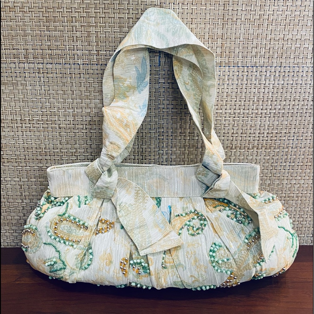 🌟2xHP🌟VTG Feminine Iridescent Green Paisley Faille Fabric Beaded Shoulder Bag